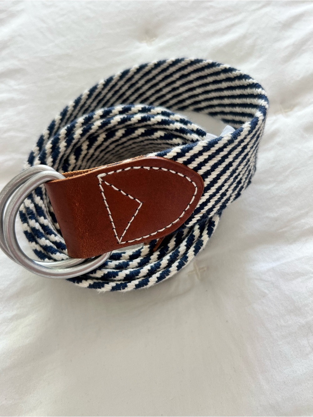 J. Crew ✨NWT✨Unisex Navy & White
100% Cotton Belt with Brown Leather Trim - Picture 4 of 5